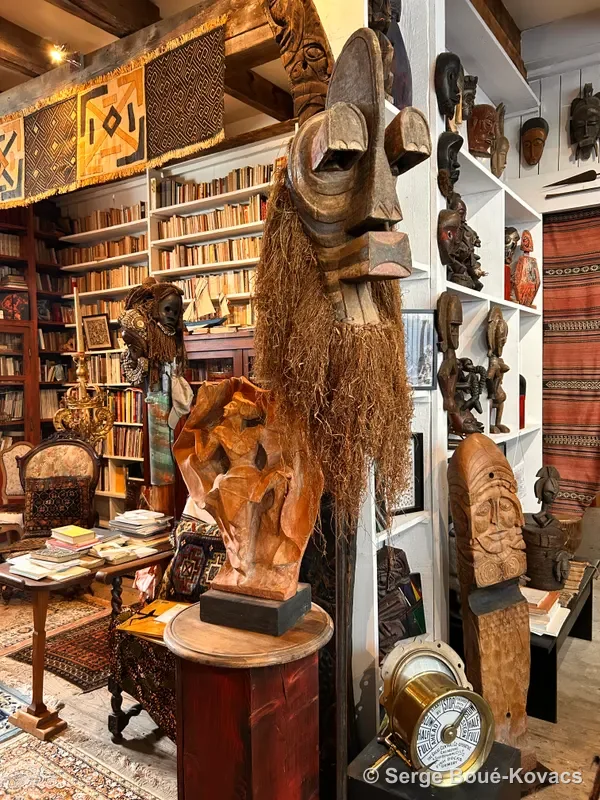 La bibliothèque, le masque à barbe — Peinture de Serge Boué-Kovacs