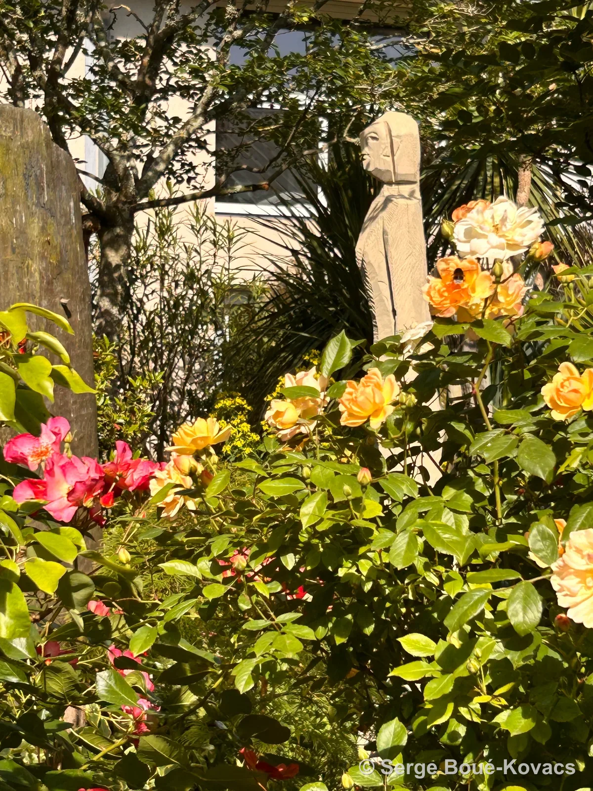Figure claire parmi les roses — Sculpture de Serge Boué-Kovacs